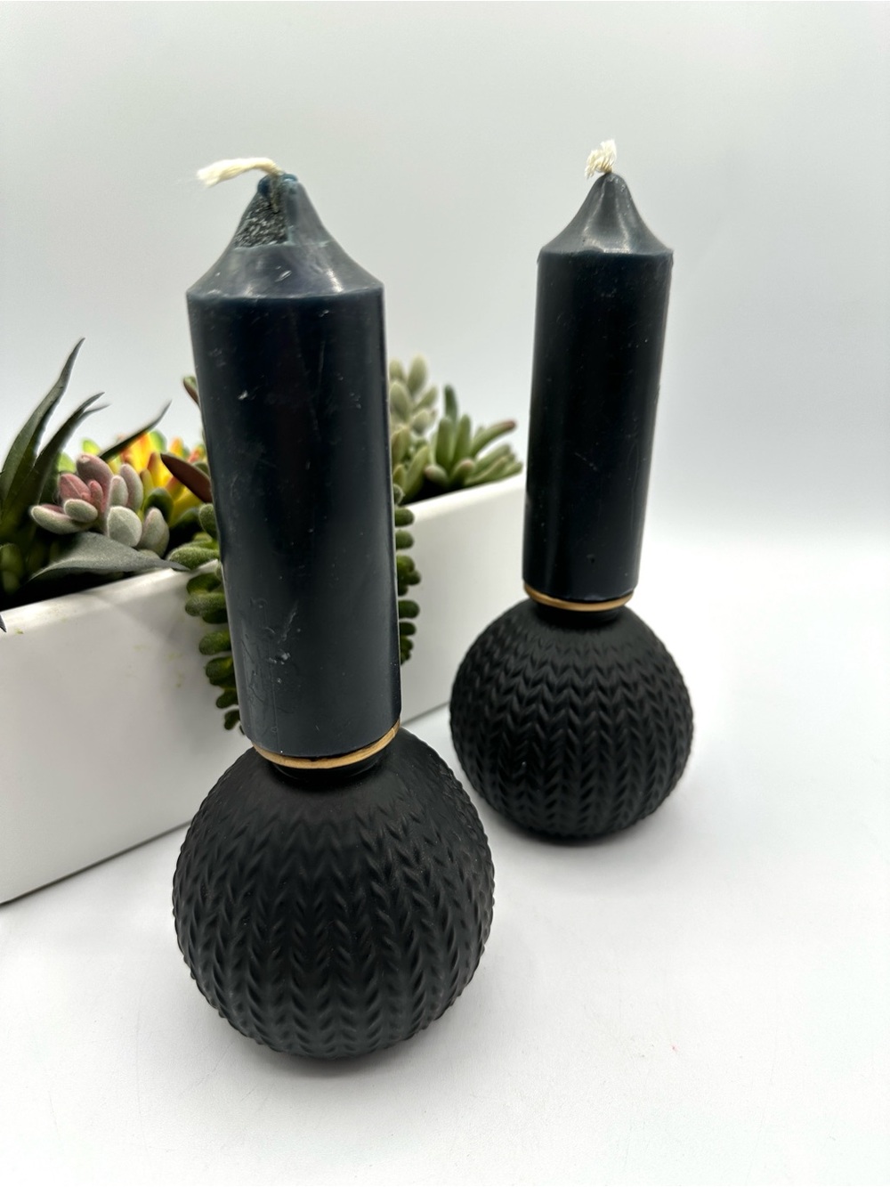 2 Black Glass Textured Sphere Candle Holders with Black Candles